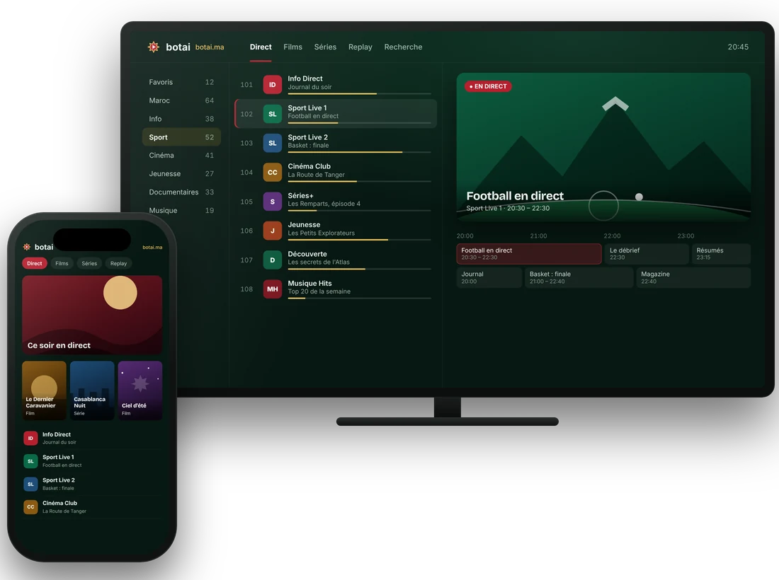 IPTV Maroc : interface Botai sur Smart TV et smartphone, guide des chaînes en direct